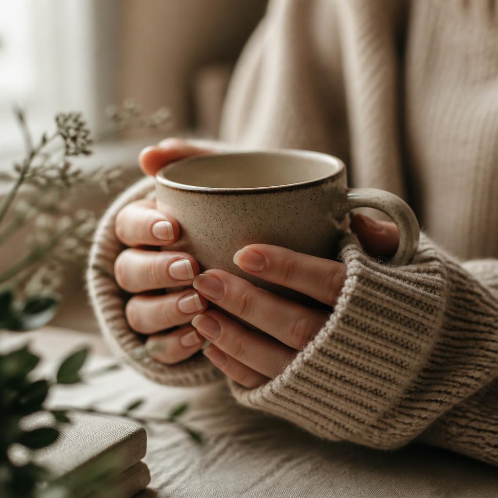 Hands cradling a warm ceramic mug in soft window light