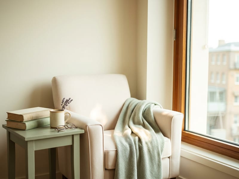 A calm, bright room with soft morning light through a window and an empty armchair